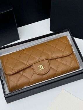 CHANEL Tan Quilted Leather Flap Wallet with Gold CC